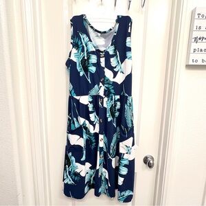 Hawaiian aloha Tropical Blue green White palm leaves Sleeveless Dress size XL